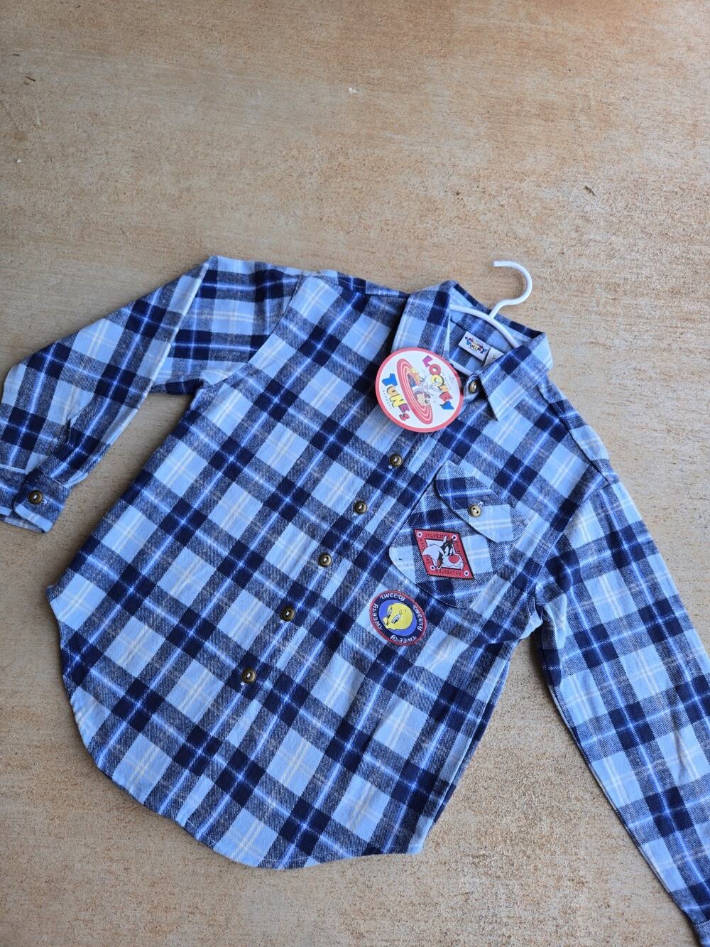Vintage 1996 Looney Tunes Boys 10 Blue Plaid Tweety Sylvester Flannel Button-Up